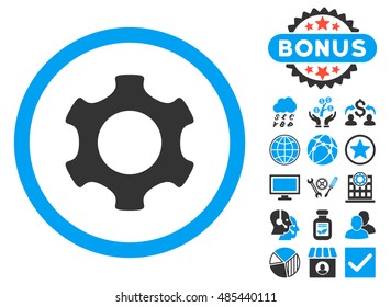Gear icon with bonus design elements. Vector illustration style is flat iconic bicolor symbols, blue and gray colors, white background.