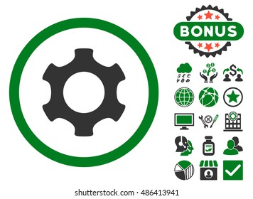 Gear icon with bonus design elements. Vector illustration style is flat iconic bicolor symbols, green and gray colors, white background.