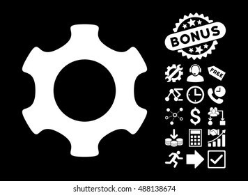 Gear icon with bonus design elements. Vector illustration style is flat iconic symbols, white color, black background.