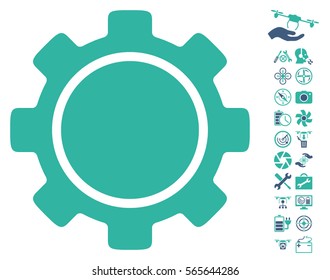 Gear icon with bonus drone tools design elements. Vector illustration style is flat iconic cobalt and cyan symbols on white background.