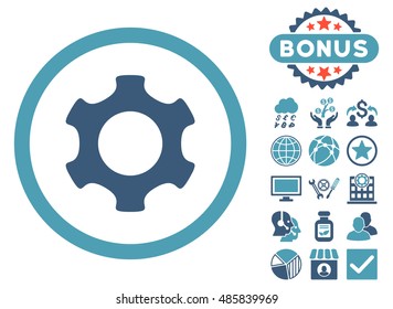 Gear icon with bonus elements. Vector illustration style is flat iconic bicolor symbols, cyan and blue colors, white background.