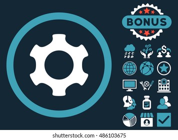Gear icon with bonus images. Vector illustration style is flat iconic bicolor symbols, blue and white colors, dark blue background.