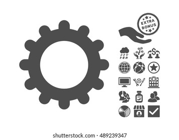 Gear icon with bonus images. Vector illustration style is flat iconic symbols, gray color, white background.