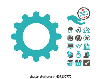 Gear icon with bonus images. Vector illustration style is flat iconic bicolor symbols, grey and cyan colors, white background.