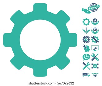 Gear icon with bonus options pictograph collection. Vector illustration style is flat iconic cobalt and cyan symbols on white background.
