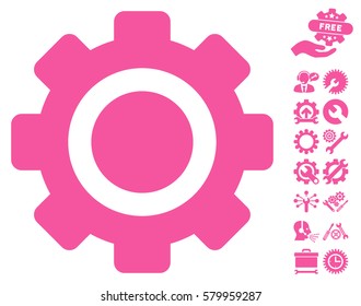 Gear icon with bonus options pictures. Vector illustration style is flat iconic pink symbols on white background.