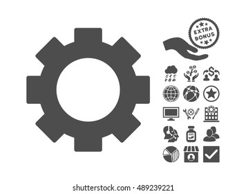 Gear icon with bonus pictogram. Vector illustration style is flat iconic symbols, gray color, white background.