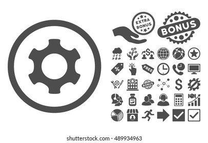 Gear icon with bonus pictogram. Vector illustration style is flat iconic symbols, gray color, white background.