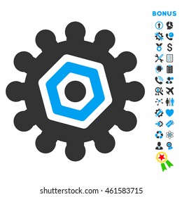 Gear icon with bonus pictograms. Vector style is bicolor flat iconic symbol with rounded angles, blue and gray colors, white background.