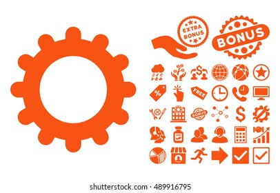 Gear icon with bonus pictograph collection. Vector illustration style is flat iconic symbols, orange color, white background.