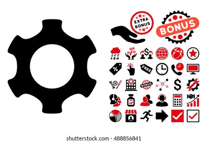 Gear icon with bonus pictures. Vector illustration style is flat iconic bicolor symbols, intensive red and black colors, white background.