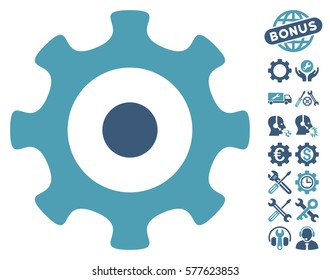 Gear icon with bonus service design elements. Vector illustration style is flat iconic cyan and blue symbols on white background.