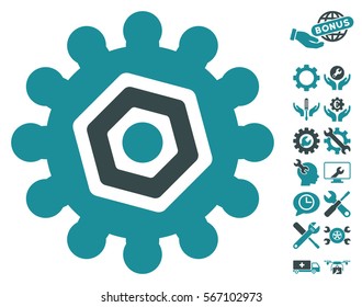 Gear icon with bonus service pictograph collection. Vector illustration style is flat iconic soft blue symbols on white background.