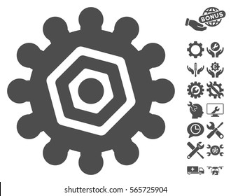 Gear icon with bonus service pictures. Vector illustration style is flat iconic gray symbols on white background.