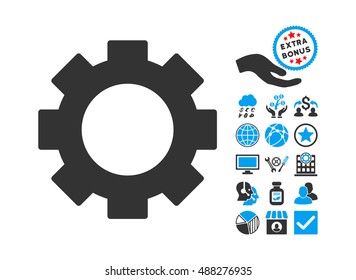 Gear icon with bonus icon set. Vector illustration style is flat iconic bicolor symbols, blue and gray colors, white background.