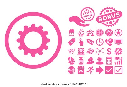 Gear icon with bonus icon set. Vector illustration style is flat iconic symbols, pink color, white background.