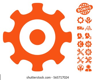 Gear icon with bonus settings pictograms. Vector illustration style is flat iconic orange symbols on white background.
