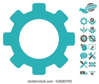 Gear icon with bonus setup tools pictograms. Vector illustration style is flat iconic grey and cyan symbols on white background.