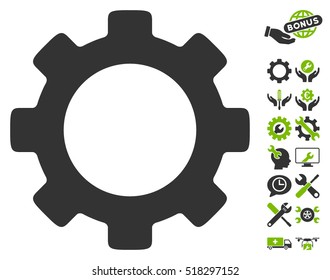 Gear icon with bonus setup tools images. Vector illustration style is flat iconic eco green and gray symbols on white background.