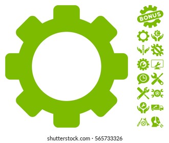 Gear icon with bonus setup tools symbols. Vector illustration style is flat iconic eco green symbols on white background.