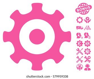 Gear icon with bonus setup tools clip art. Vector illustration style is flat iconic pink symbols on white background.