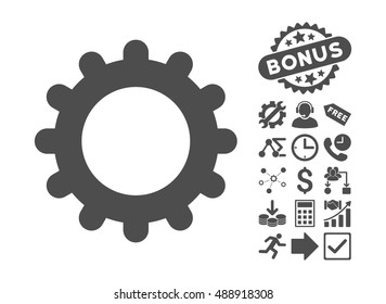 Gear icon with bonus symbols. Vector illustration style is flat iconic symbols, gray color, white background.