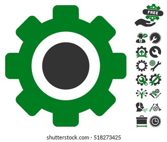 Gear icon with bonus tools icon set. Vector illustration style is flat iconic green and gray symbols on white background.