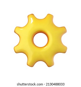 Gear icon in cartoon 3d style isolated on white background. Vector illustration plastic volumetric yellow gear.