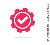 Gear icon with check mark as completed update settings vector or cog wheel checkmark as setup executed change graphic pictogram isolated, digital installed construction approved pinion cogwheel