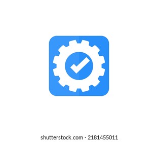 Gear icon with check mark as completed update settings. Cog wheel checkmark as setup executed change graphic pictogram, digital installed construction approved pinion cogwheel vector design.