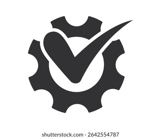 Ícone de engrenagem com marca de seleção, significando processo aprovado, sucesso ou confirmação. Perfeito para engenharia, TI e temas de conformidade. Design moderno limpo.