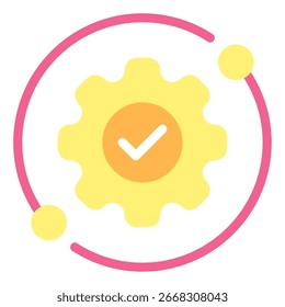 A gear icon with a checkmark, ideal for highlighting settings, approvals, or successful processes in tech, business, or marketing.