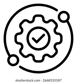A gear icon with a checkmark, ideal for highlighting settings, approvals, or successful processes in tech, business, or marketing.