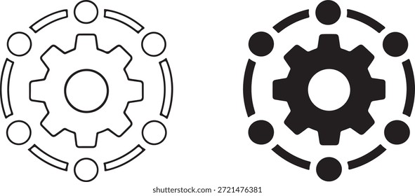 Icono del engranaje con los círculos alrededor en dos estilos diferentes aislados en el fondo blanco, Vector, ilustración