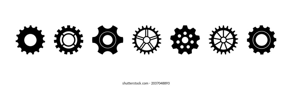 Gear icon. Cogwheel for industry. Gearwheel of engine. Circle wheel with cogs for machinery. Set of silhouette for technical, mechanism, clock and factory. Black icons of metal gearwheel. Vector.
