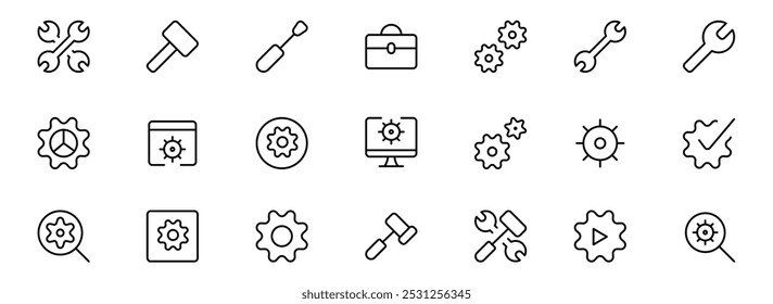 Gear icon, cogwheel icon set. App settings icon, slider, wrench tool, fix concept minimal vector illustrations. Simple flat outline signs for web interface. Editable Strokes