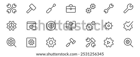 Gear icon, cogwheel icon set. App settings icon, slider, wrench tool, fix concept minimal vector illustrations. Simple flat outline signs for web interface. Editable Strokes
