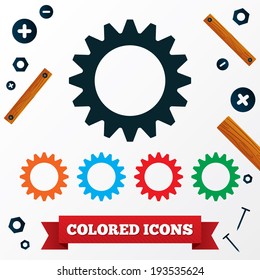 Gear icon. Cogwheel symbol. Wooden planks. Nails, screws, nuts symbols. Vector