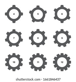 Colección de iconos del engranaje aislado en fondo blanco. Juego de ruedas cognitivas o engranajes. Símbolo de configuración, signo de engranajes, siluetas de probeta, elementos gráficos radiales, ilustración del vector de rueda