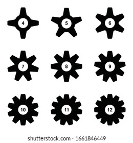 Gear icon collection isolated on white background. Set of cogwheels or gearwheels. Config settings symbol, gears sign, sprocket silhouettes, spoke graphic elements, wheel vector illustration