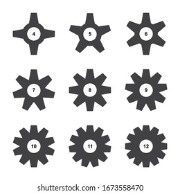 Gear icon collection isolated on white background. Set of cogwheels or gearwheels. Config settings symbol, gears sign, sprocket silhouettes, spoke graphic elements, wheel vector illustration