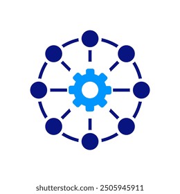 Gear icon with connected nodes, network and technology focus, blue and white colors, clean and modern, digital connections, streamlined design, AI networking, clear structure.