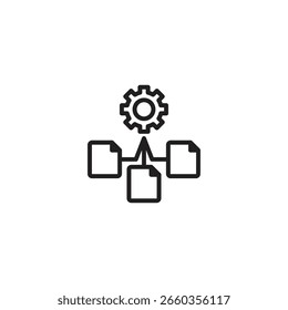 Un icono de engranaje está conectado a tres iconos de documento debajo de él, que ilustran un proceso, flujo de trabajo, administración del sistema o información organizada.