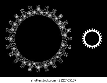 Modelo de engranajes de malla de la malla de los iconos de los engranajes con manchas luminosas iluminadas. Modelo iluminado creado con icono vectorial de engranajes y malla poligonal. Engranaje del marco brillante, sobre un fondo negro.