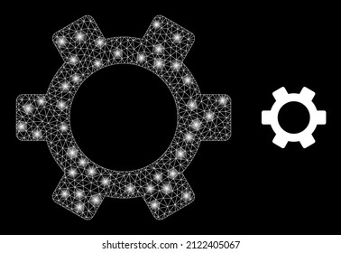 Gear icon and constellation net mesh gear model with illuminated light spots. Illuminated constellation is created from gear vector icon and polygonal mesh. Bright frame gear, on a black background.