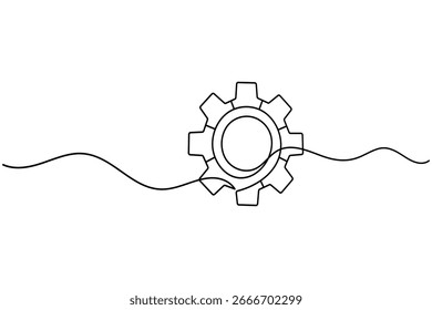 Icono de engranaje continuo de una línea de dibujo de contorno simple sobre fondo blanco