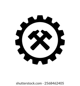 gear icon with crossed hammers, simple flat style, illustration, logo sign symbol pictogram template, for ui or ux isolated on white for mobile app, editable	