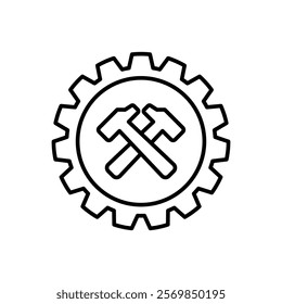 gear icon with crossed hammers, simple flat style, illustration, logo sign symbol pictogram template, for ui or ux isolated on white for mobile app, editable	