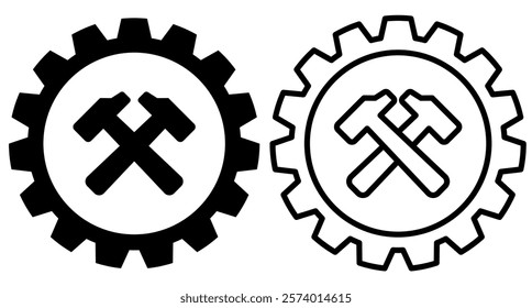 gear icon with crossed hammers, simple flat style, illustration, logo sign symbol pictogram template, for ui or ux isolated on white for mobile app, editable	