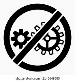 Icono del engranaje tachado en círculo. Prohibición de reparación. No reparar. No hay mecanismos. Carro de compras aislado icono lineal plano mínimo para aplicación e infografía. Icono del vector.